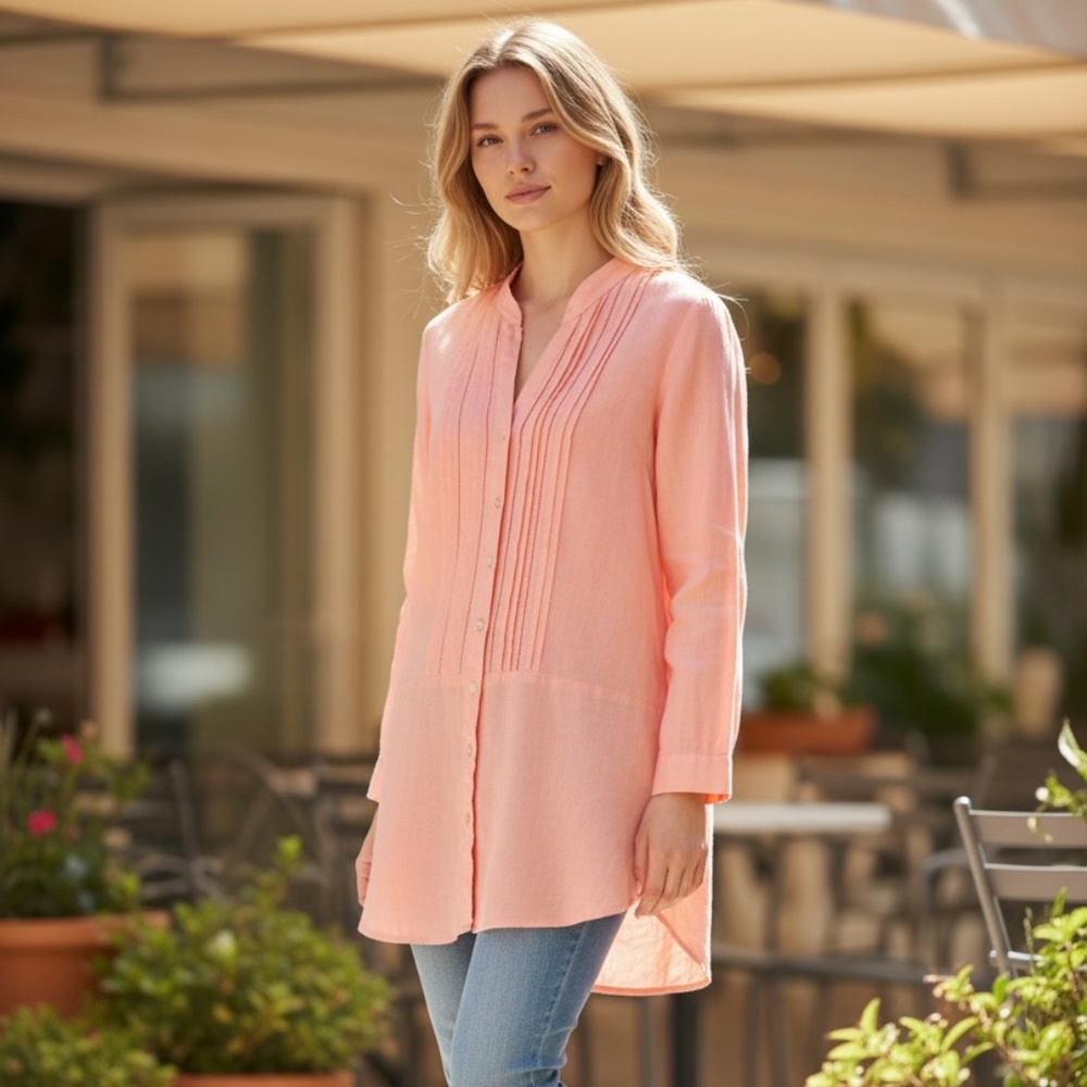 J. Jill Love 100 % Linen Coral Pinktuck Tunic size small